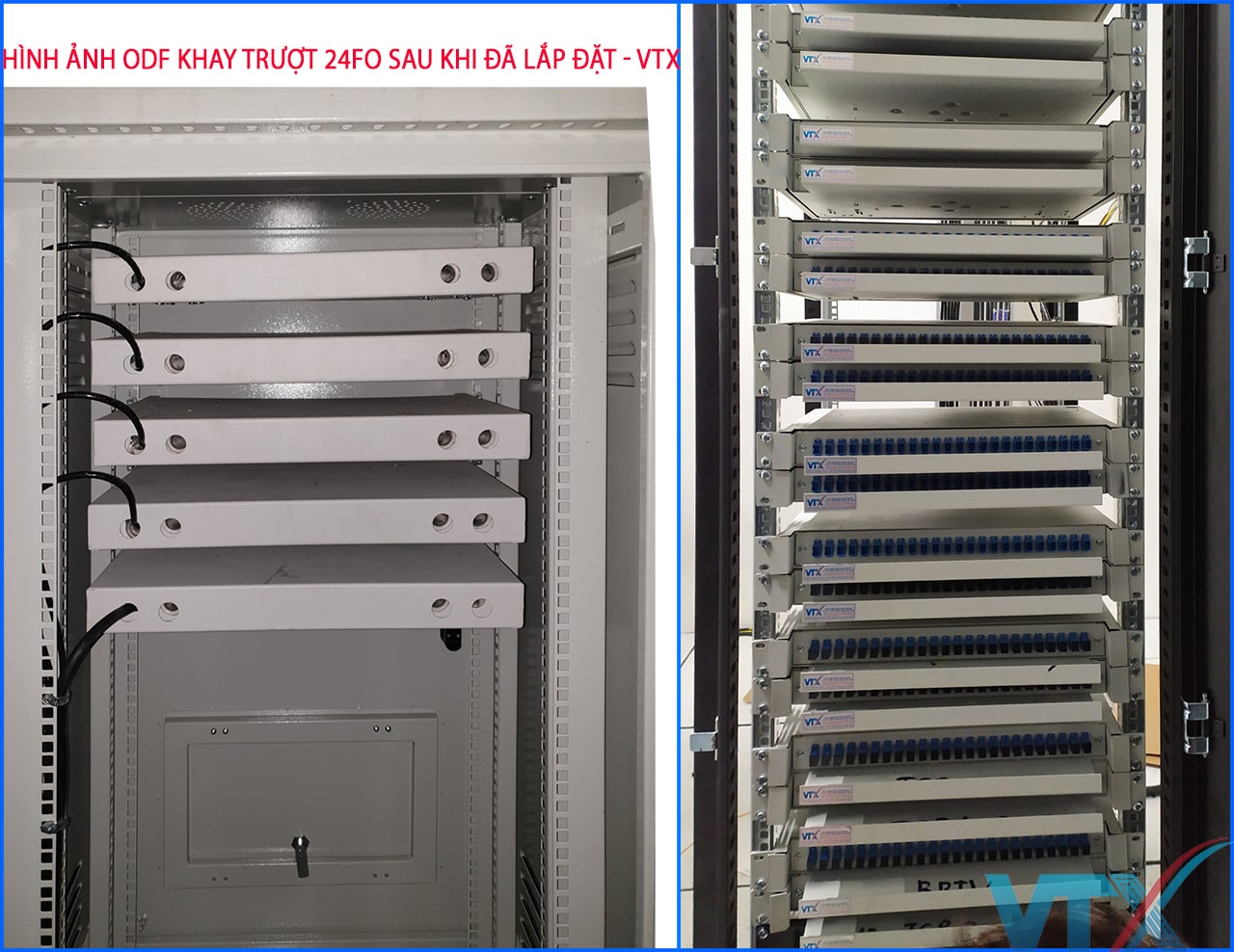 Hình ảnh ODF 24FO khay trượt VTX sau khi đã lắp đặt trong tủ