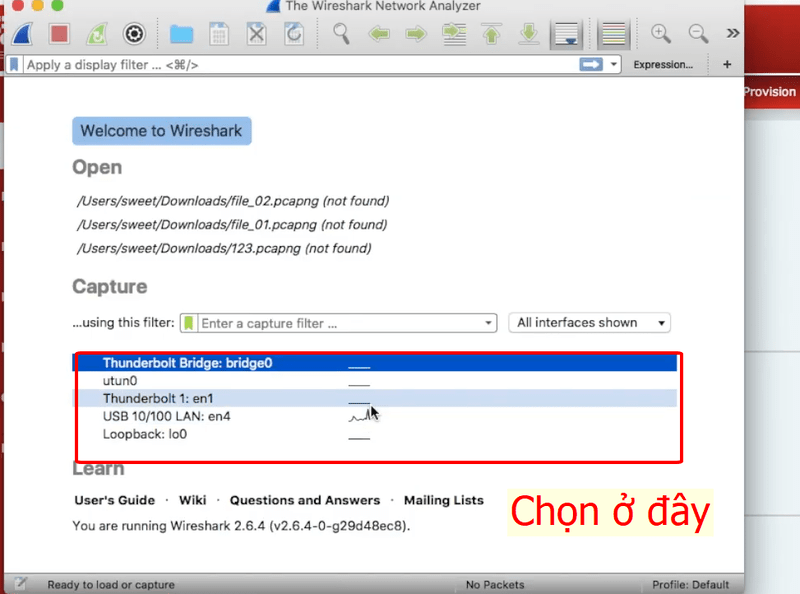 Chọn giao diện mạng trên Wireshark