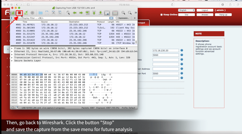 Click Stop để dừng thu thập Packet capture