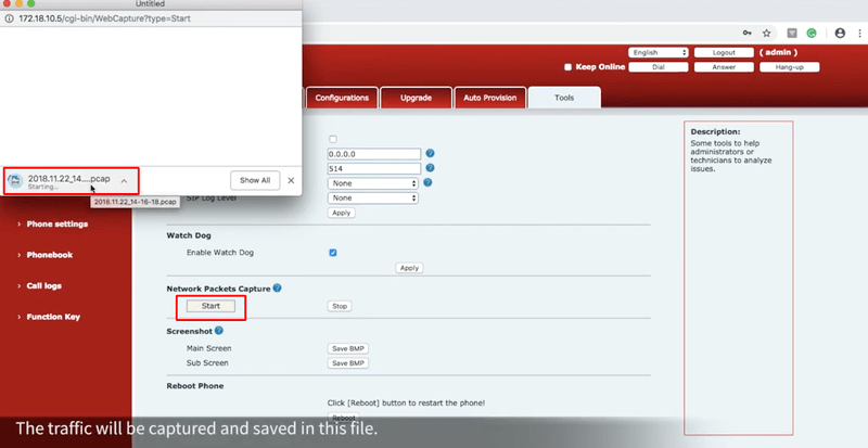 Tải xuống tệp Pcap tự động khi Click nút “Start”