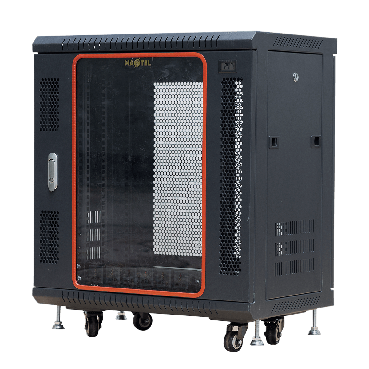 Ảnh chụp mặt trước góc nghiêng trái tủ rack 12U Maxtel